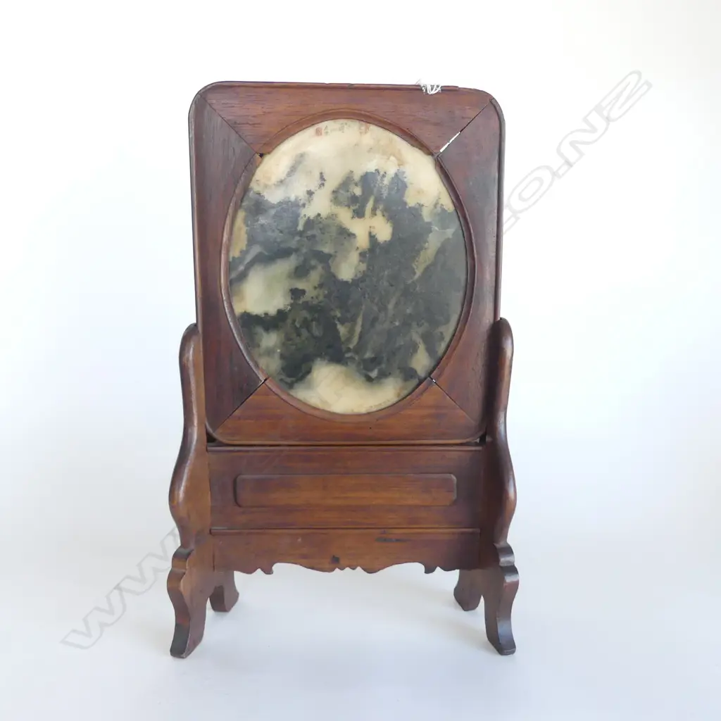 CHINESE OLD mountainous type MARBLE OVAL PANEL IN ROSEWOOD FRAME & STAND slight fault to top of frame H.390mm. Image 1++