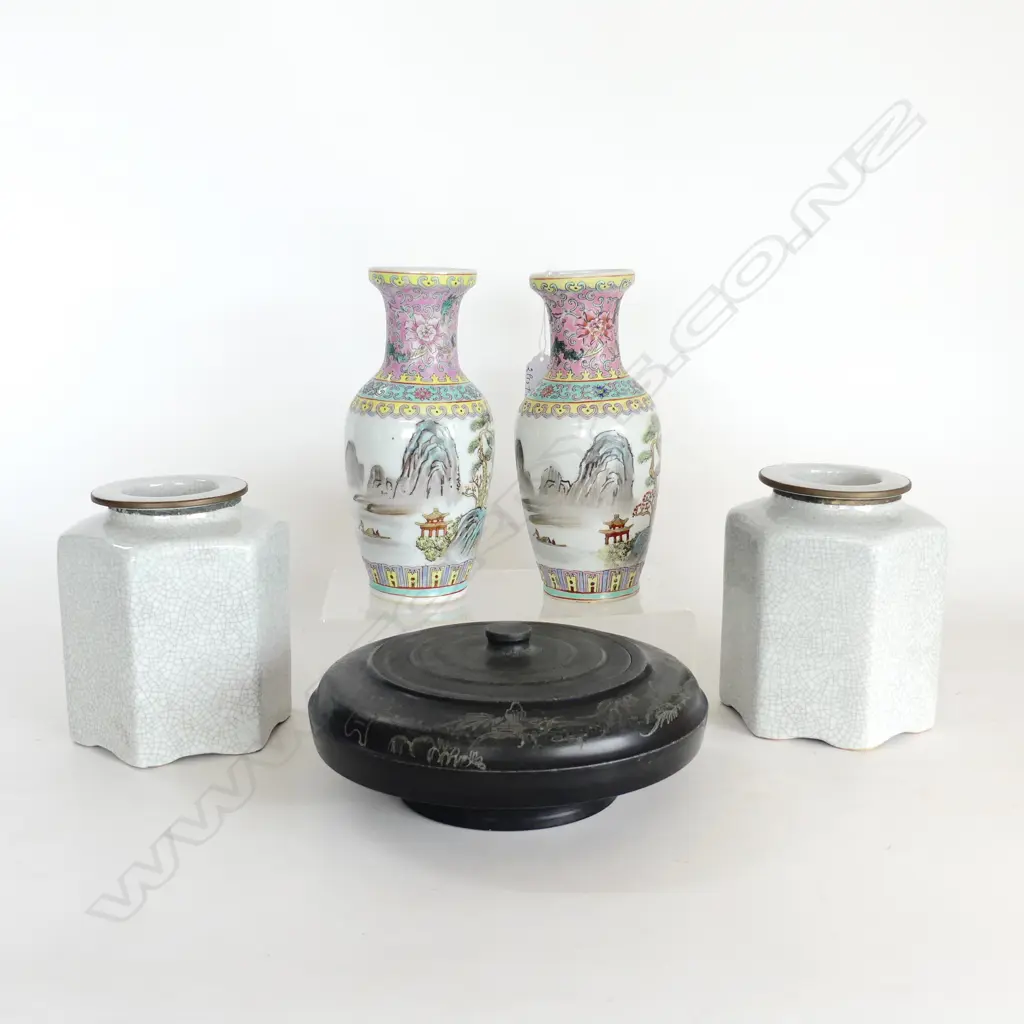 5 PCS ORIENTAL WARE, 2 FAMILLE ROSE VASES & 2 CRACKLE GLAZED TEA CADDIES &  STONE INK JAR Image 1++