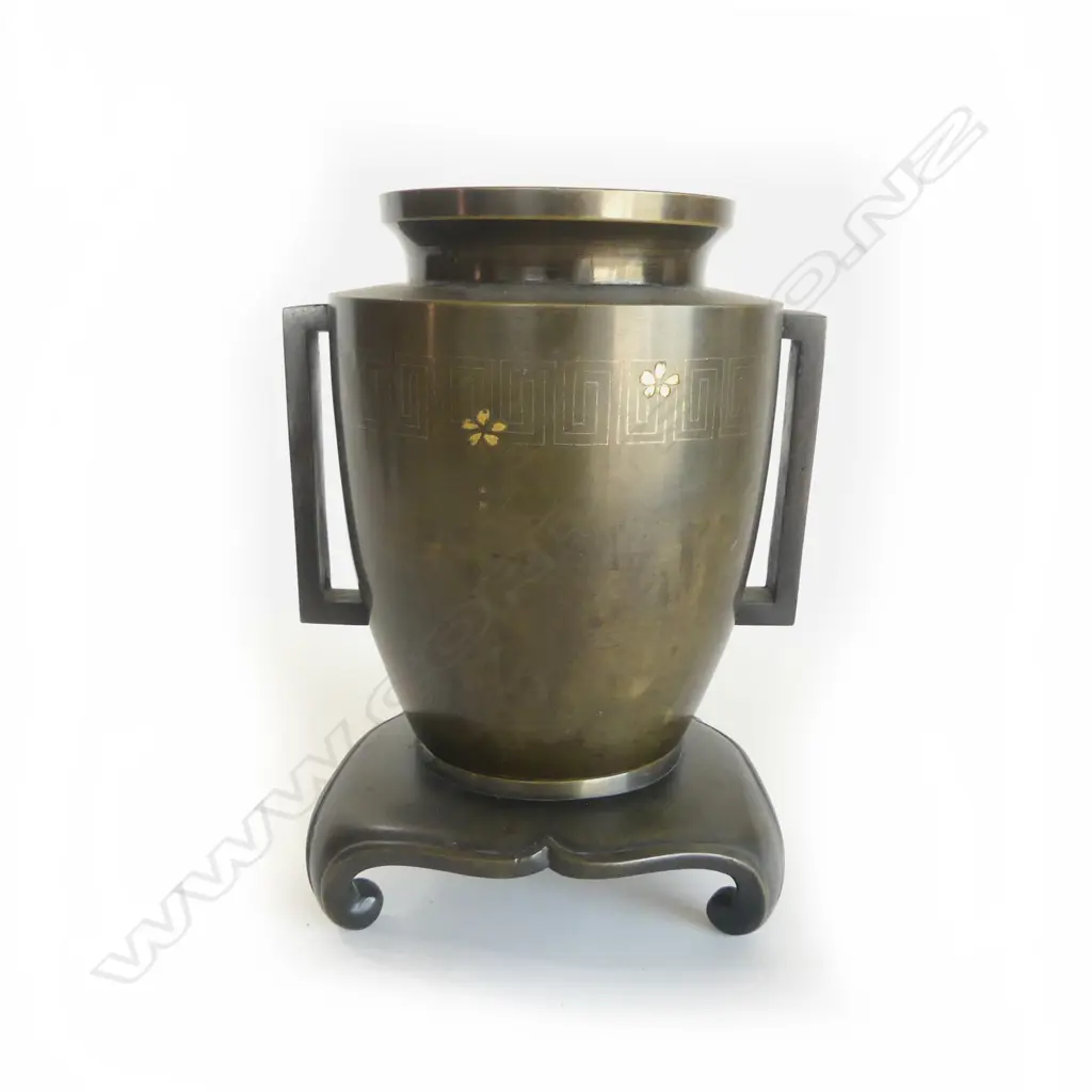 RTV MEIJI JAPANESE BRONZE VASE ON STAND SHIBAYAMA OVERLAYED METALS H.230mm. Image 1++