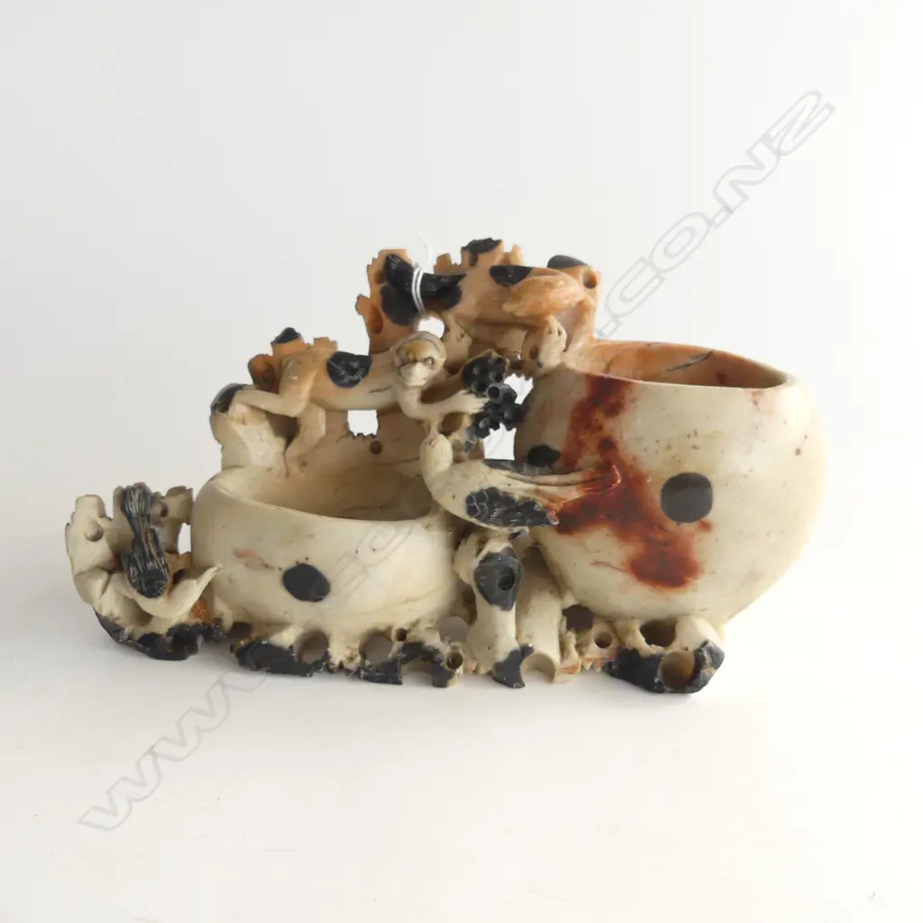 OLD CHINESE SLOAPSTONE CARVED FIGURAL GROUP, AS MONKEES AND BIRDS AMONGST FOLIAGE. 210X50X130mm Image 1++