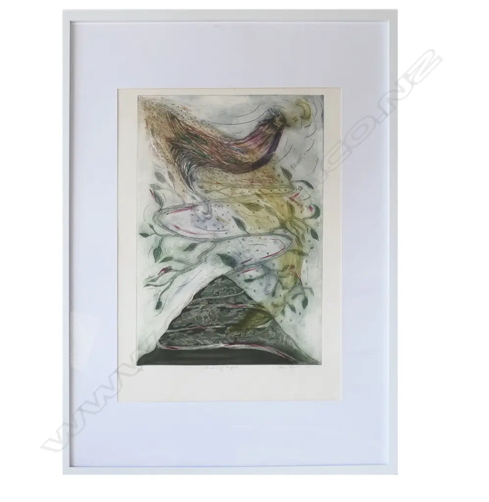 CHARO OQUET 'BIRD OF THE NIGHT', ETCHING 1/30, signed & dated 1986. 500 x 340mm, CONTEMP FRAME W PERSPEX Image 1++
