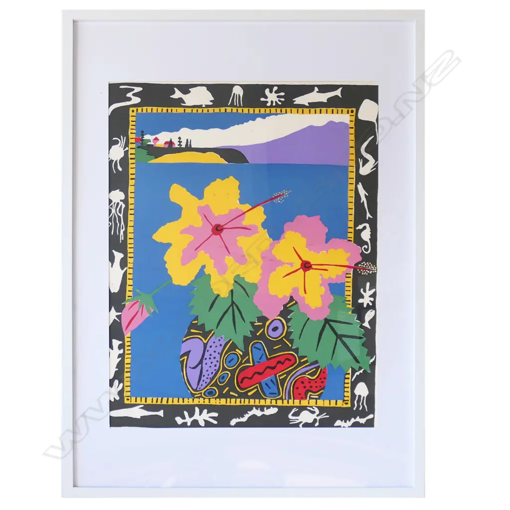 PAMELA WOLFE 'HIBISCUS', SCREENPRINT, 1987. 600 x 460mm, foxing, CONTEMP FRAME W PERSPEX Image 1++
