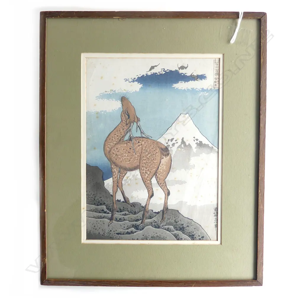 HOKUSAI WOODBLOCK PRINT 'DEER BATS AND MT. FUJI' foxed 270 x 200mm Image 1++