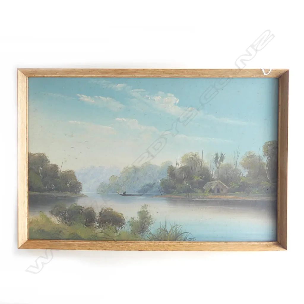 UNSIGNED (MAYCLAIR/CHAS YOUNG ?) OIL RIVER SCENE W WHARE 275 x 420mm Image 1++