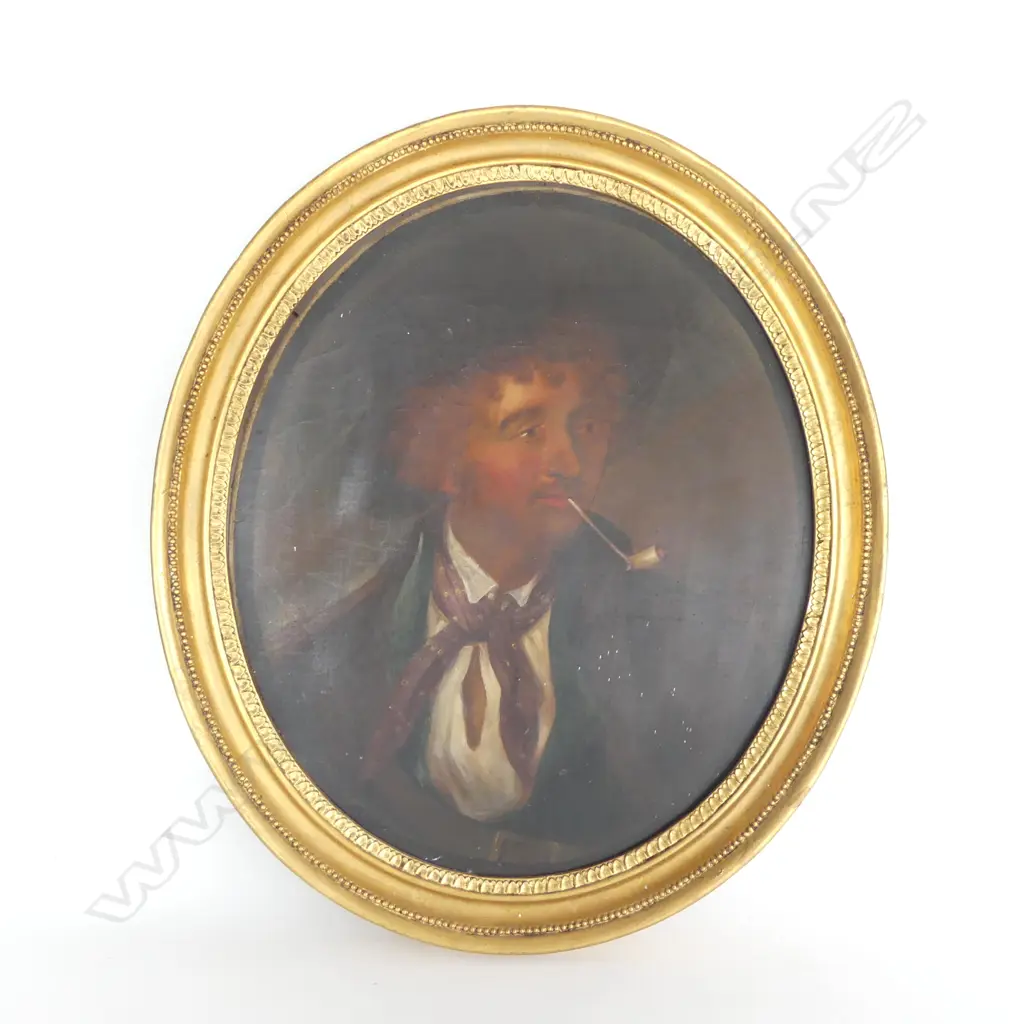 ARTIST UKNOWN, LG ANTIQUE OVAL PORTRAIT, MAN w. PIPE, OIL ON CANVAS 500x420mm LOOSE IN GILT FRAME Image 1++
