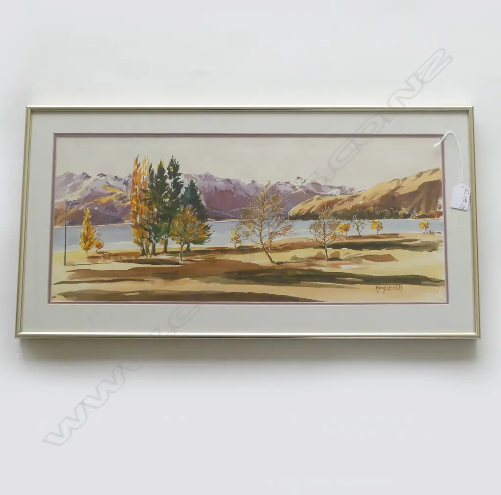 FRAMED WATERCOLOR OF LAKE WANAKA BY HANS VAN LITH. SIGNED 240X560mm Image 1++