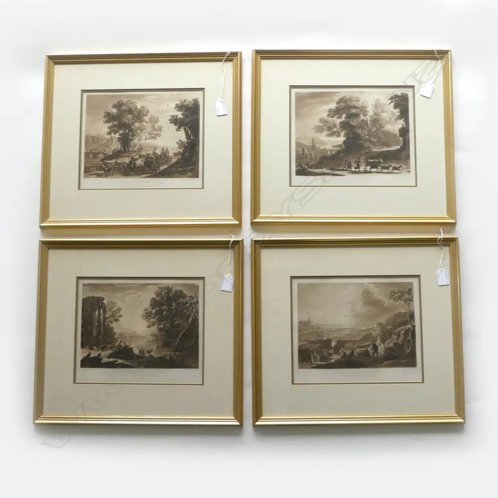 FOUR FRAMED PRINTS. LANDSCAPE THEMES SEPIA TONED STEEL ENGRAVINGS AFTER CLAUDE LORRAINE. ALL 230x280mm Image 1++