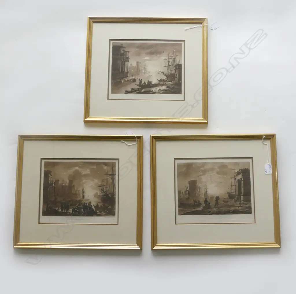 THREE FRAMED PRINTS. SEPIA TONED STEEL ENGRAVINGS AFTER CLAUDE LORRAINE. MARITIME THEMES ALL 230x280mm Image 1++