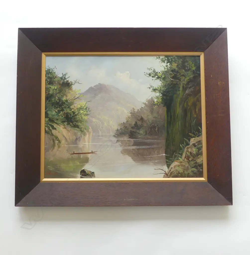 EARLY 20THC OIL ON BOARD BY ROLLASON GOOD EXAMPLE OF THE GENRE PROBABLY WANGANUI RIVER WITH WAKA. SIGNED 370X470mm Image 1++