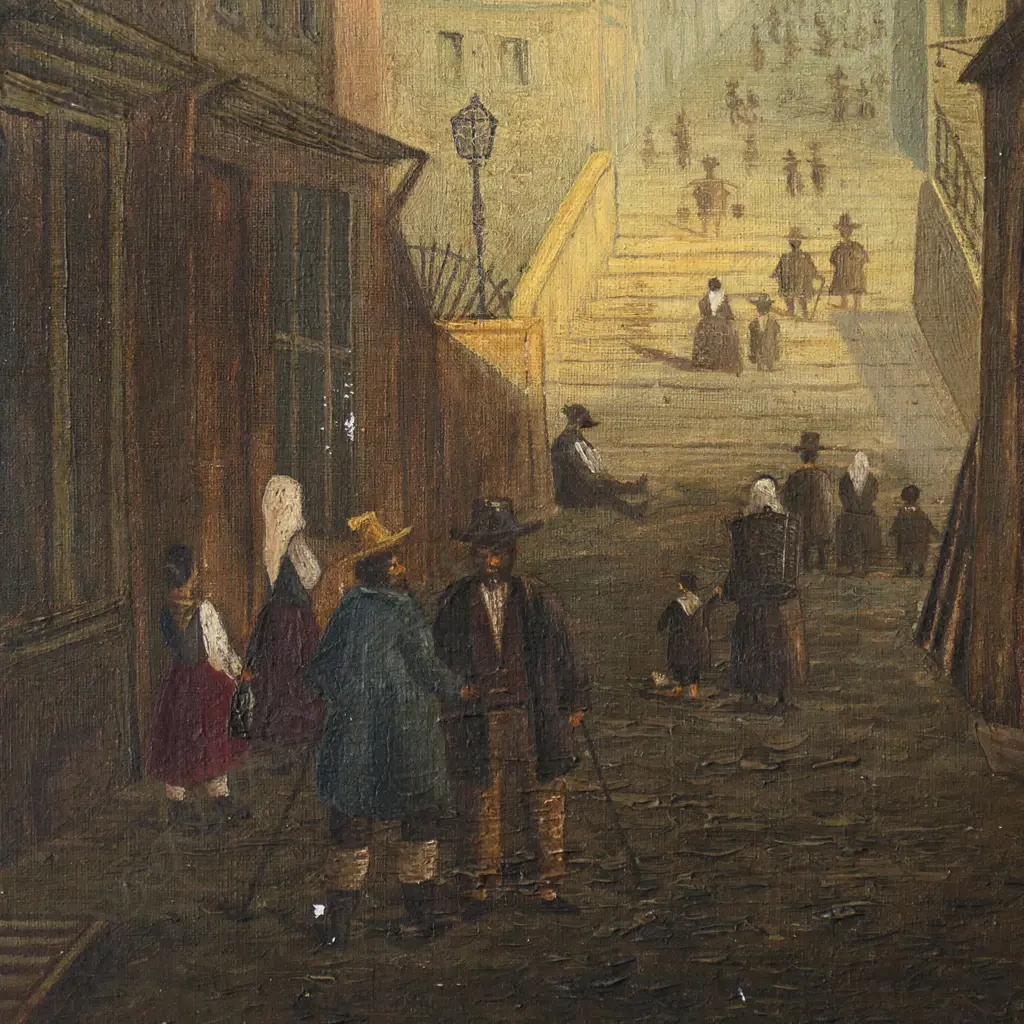 LG 19thC FRENCH STREET SCENE, CAFE ROUGE & FIGURES, OIL ON CANVAS, 690 x 500mm, some losses Image 1++