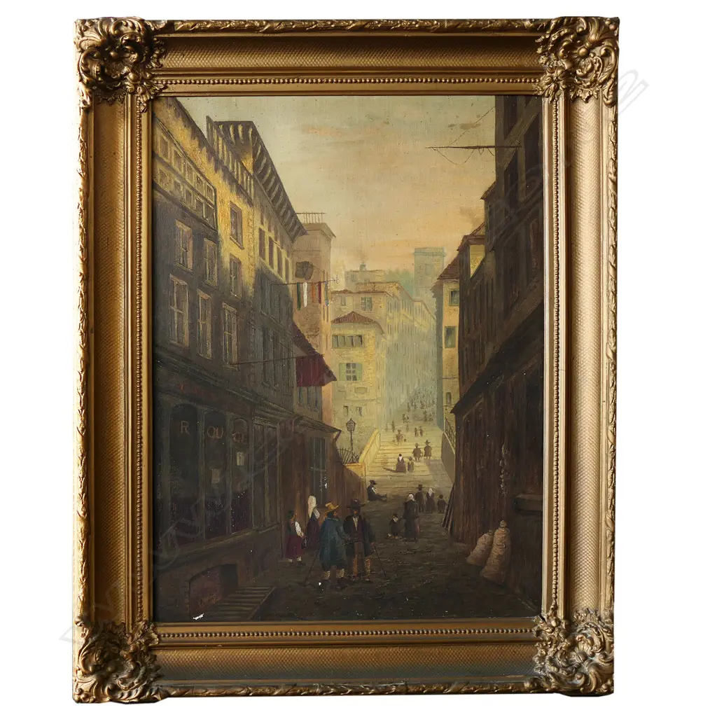 LG 19thC FRENCH STREET SCENE, CAFE ROUGE & FIGURES, OIL ON CANVAS, 690 x 500mm, some losses Image 1++