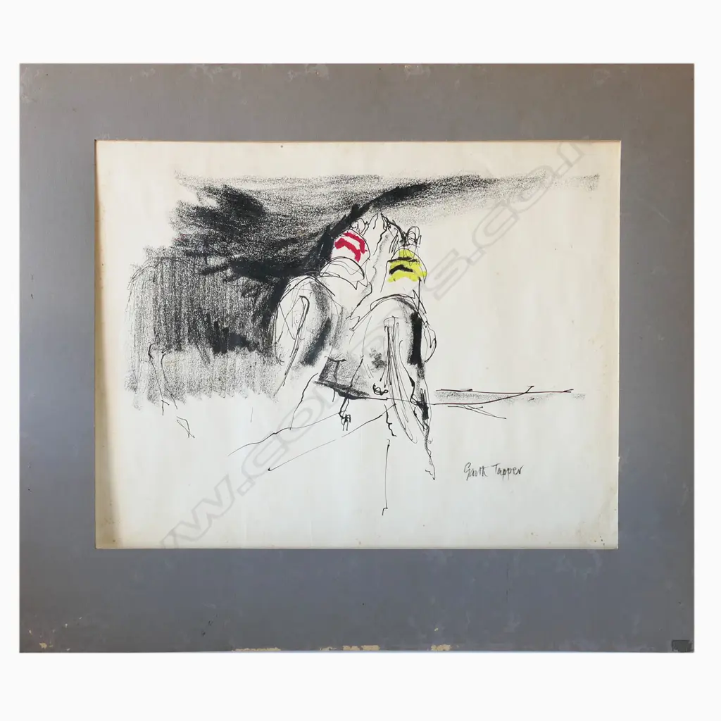 GARTH TAPPER, TWO JOCKEYS RACING, CHARCOAL ON PAPER, SIGNED, UNFRAMED, 600 x 680mm Image 1++