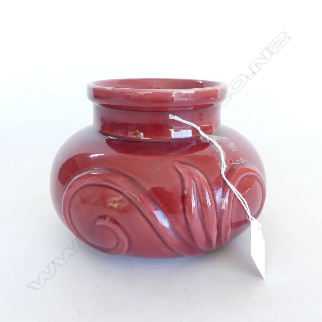 LARGE OSWOLD STEPHENS RED STUDIO POTTERY VASE  DIA.170mm H112mm. Wide squat form. Image 1++