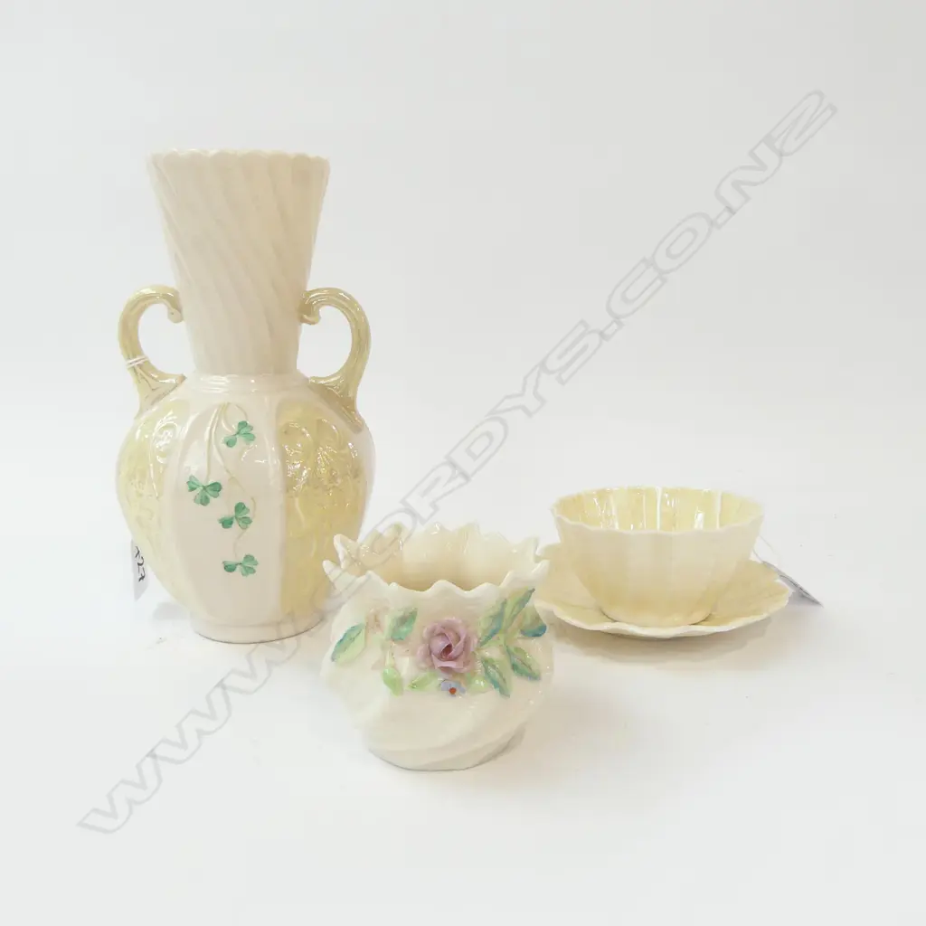 THREE BELLEEK GREEN MARK  ITEMS  TWO HANDLED VASE H.200mm FLORAL VASE H.65mm & SCALLOPED VASE 90Z90X50mm  Image 1++
