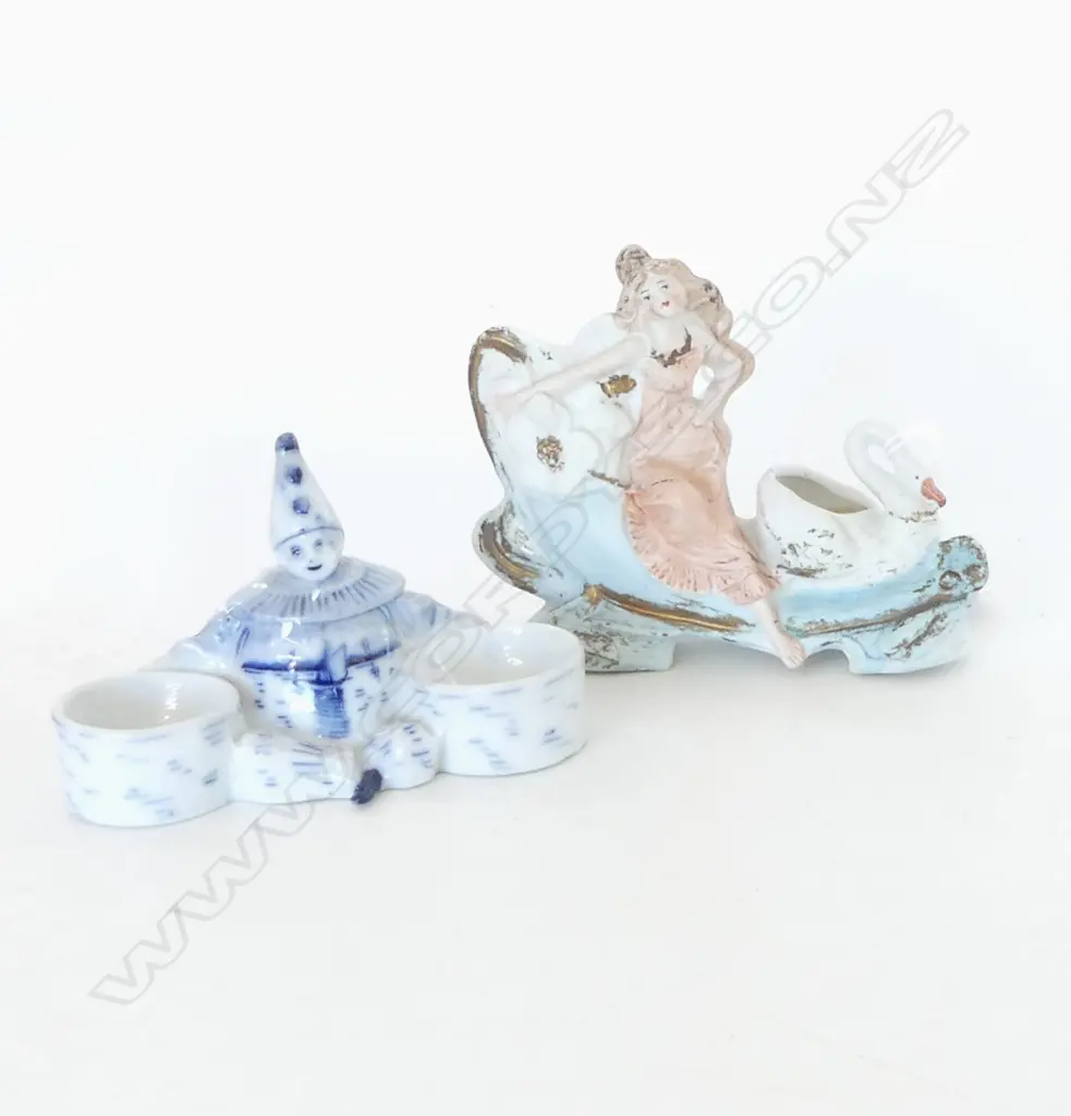 VICTORIAN BISQUE GIRL & SWAN VASE, AND LIDDED CLOWN CRUET   Image 1++