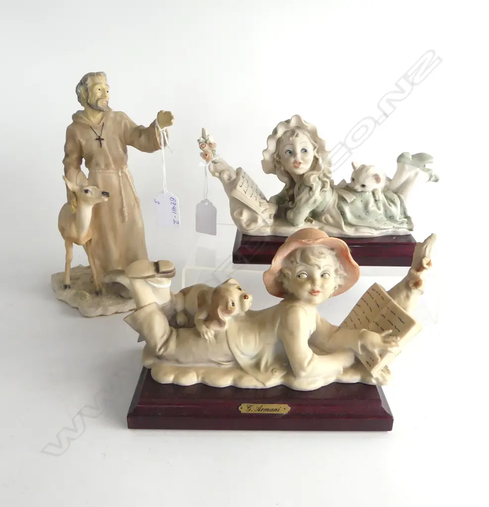 3X ITALIAN 'FLORENCE' RESIN FIGURE GROUPS: boy w dog + girl w cat + Jesus w deer missing bird to hand Image 1++