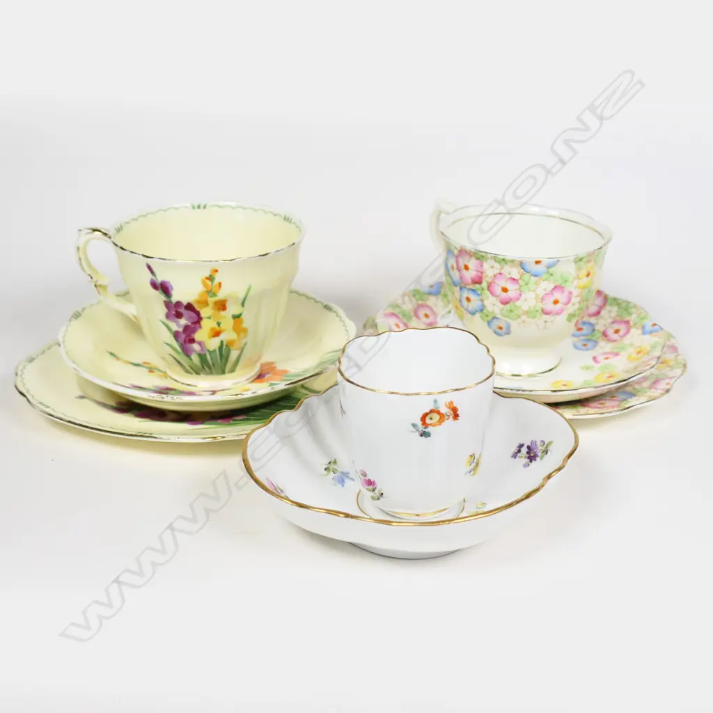 MEISSEN CUP & SAUCER PLUS TWO HANDPAINTED FINE CHINA TRIOS Image 1++