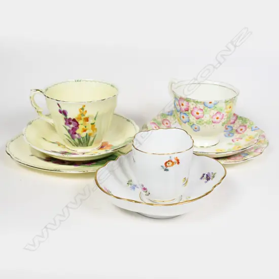 MEISSEN CUP & SAUCER PLUS TWO HANDPAINTED FINE CHINA TRIOS