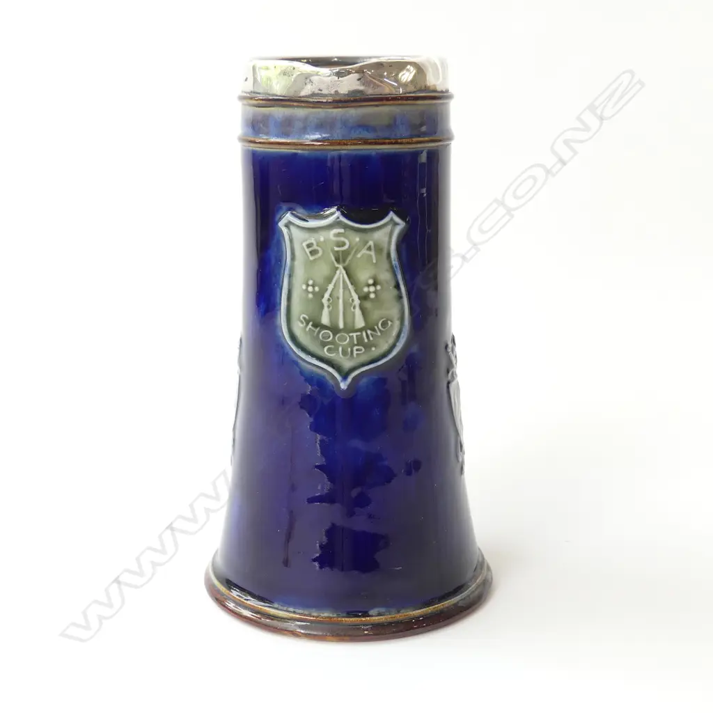 BRITISH SMALL ARMS SHOOTING COMP. PRIZE CUP BY ROYAL DOULTON STERLING SILVER RIM BIRMINGHAM 1923 NB: SMALL FACTORY FLAW  Image 1++