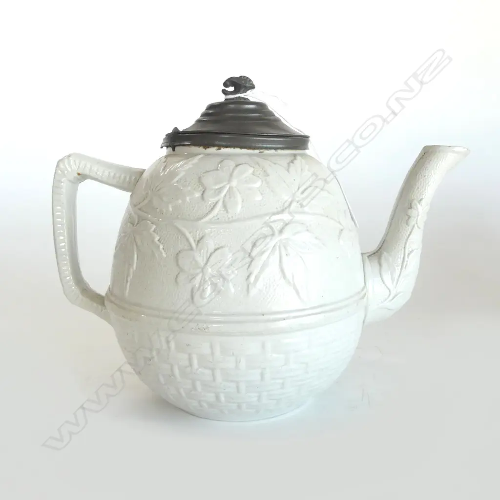 VICTORIAN Staffordshire salt glaze BASKET WEAVE BASED TEAPOT ORIENTAL INFLUENCE Image 1++