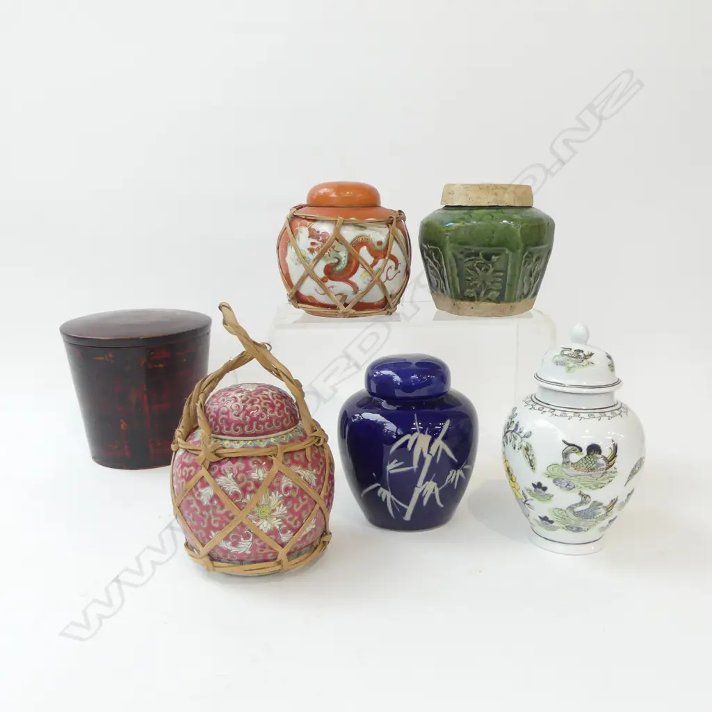 5 LIDDED GINGER JARS H.155mm + LIDDED LACQUER CONTAINER Image 1++