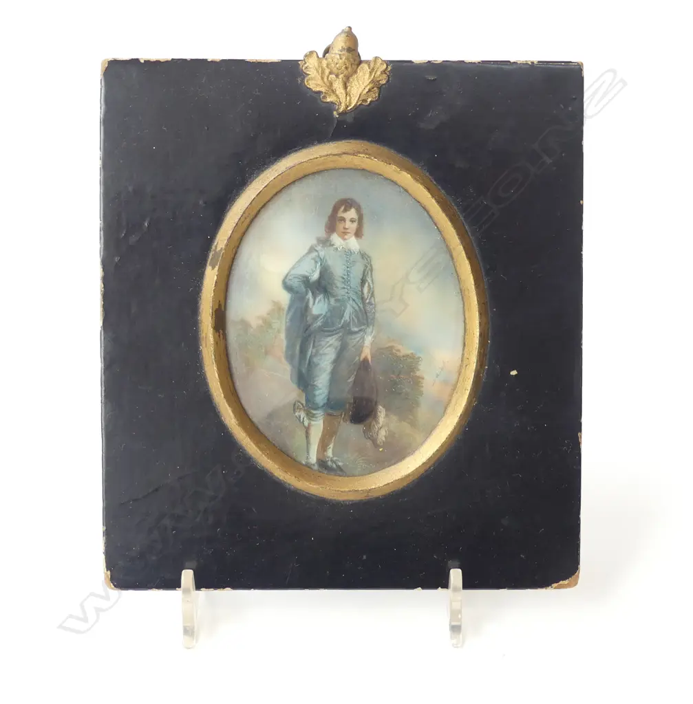 ANTIQUE MINIATURE ON IVORY BLUE BOY BLACK LACQUERED FRAME ACORN FINIAL L.140MM Image 1++