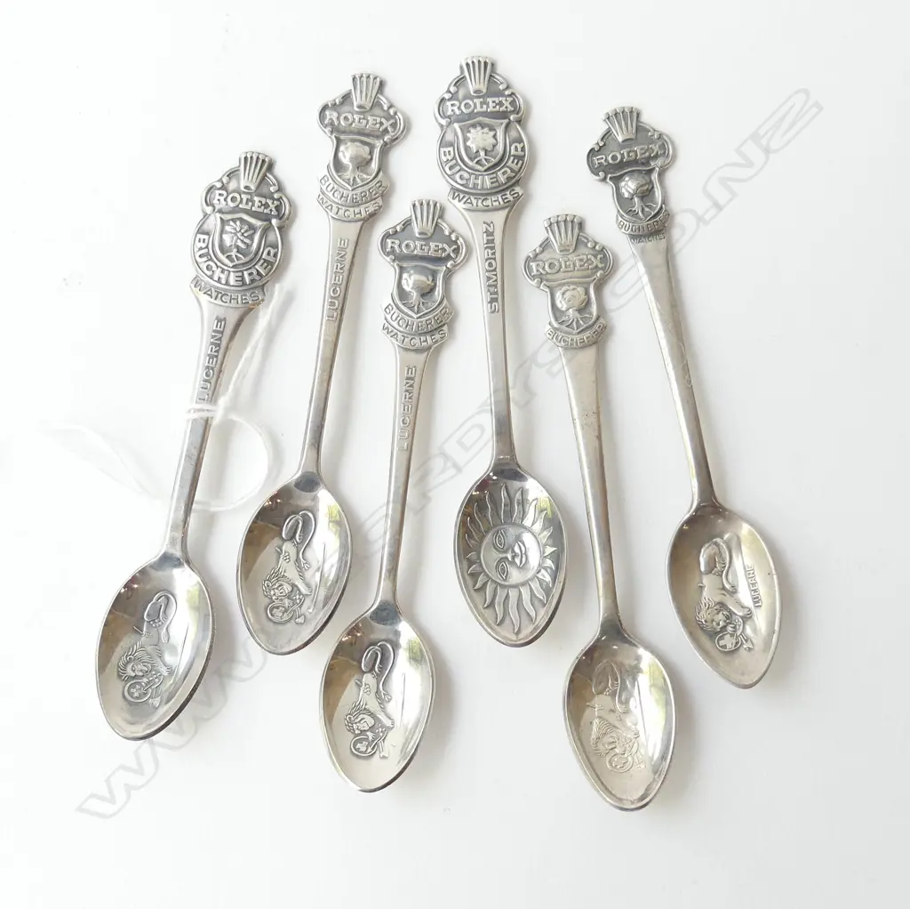 SIX VINTAGE ROLEX WATCH TEASPOONS LUCERNE ST MORITZ ETC SWITZERLAND Image 1++