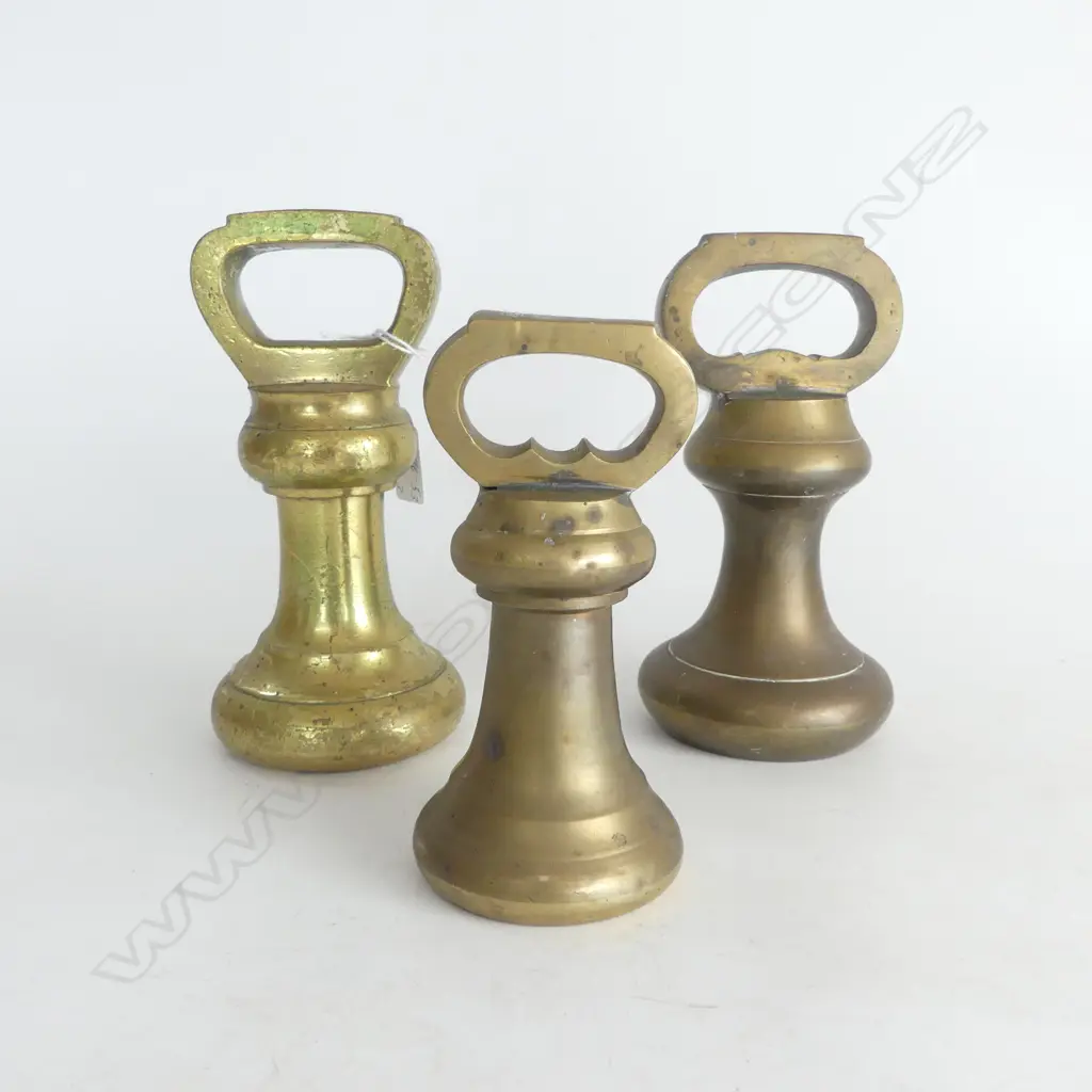THREE OLD SOLID BRASS BELL WEIGHTS, TWO 180 ONE 150mm HIGH. Image 1++