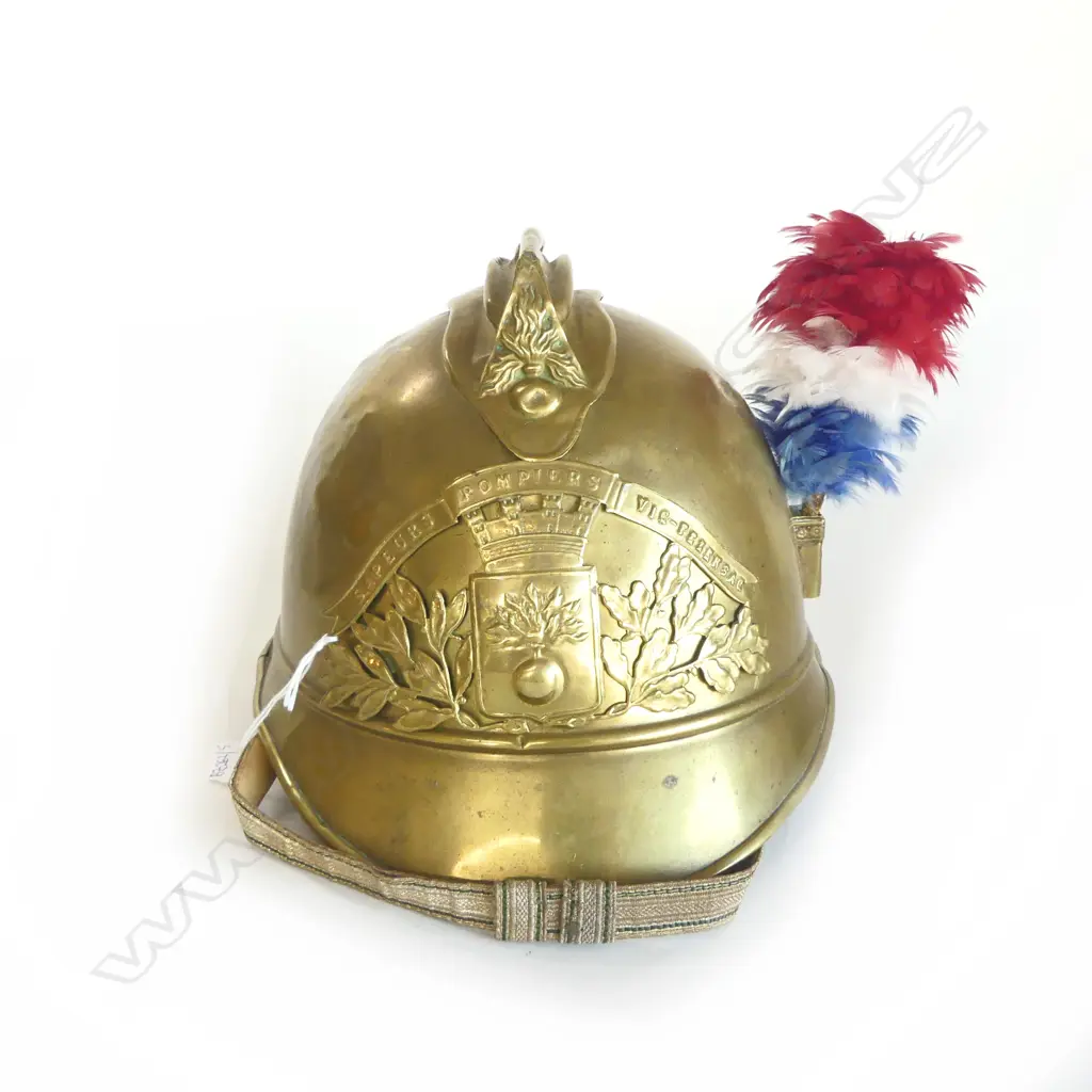 ANTIQUE FRENCH BRASS FIREMANS HELMET 'SAPEURS POMPIERS VIC FEZENSAC' Image 1++