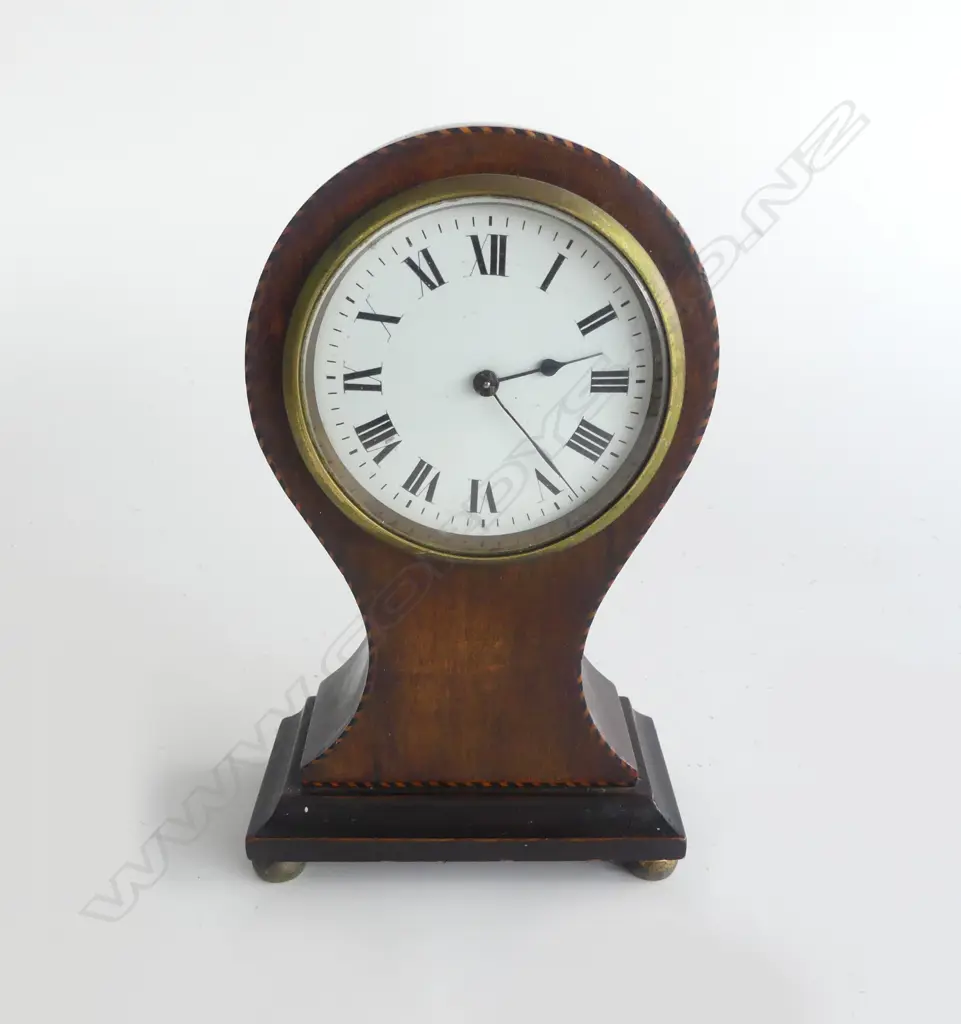 EDWARDIAN SHERATON REVIVAL MANTEL CLOCK WAISTED SHAPE, STRINGING INLAY,TICKS. H. 200mm Image 1++