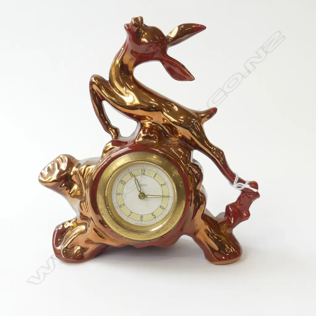 COPPER LUSTRE LEAPING GAZELLE CLOCK BY KAISER WEST GERMANY 1960’S (GOES) H.20CM Image 1++