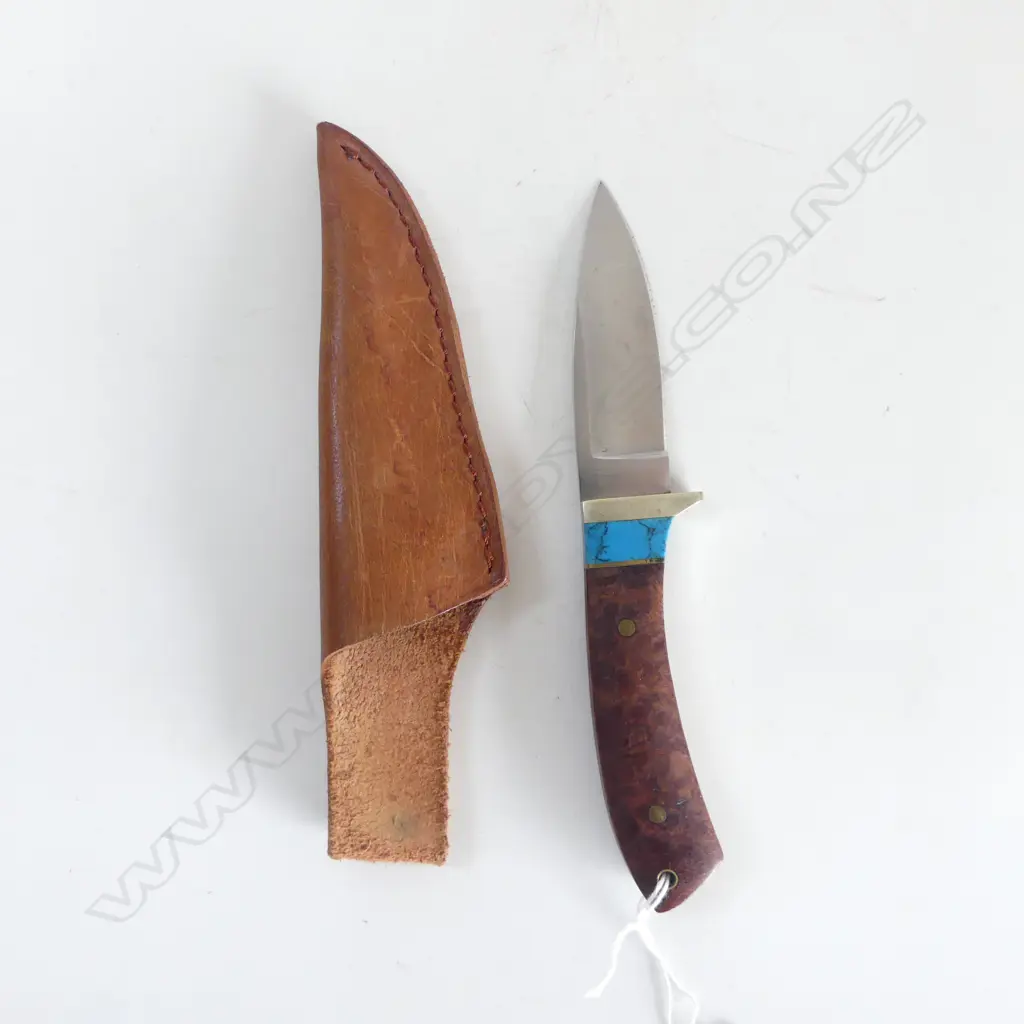 LEATHER SHEATHED COLLECTORS KNIFE MADE IN GERMANY BY C JULIUS HERBERTZ N119908 BURR WALNUT & TURQUOISE HANDLE L180MM Image 1++