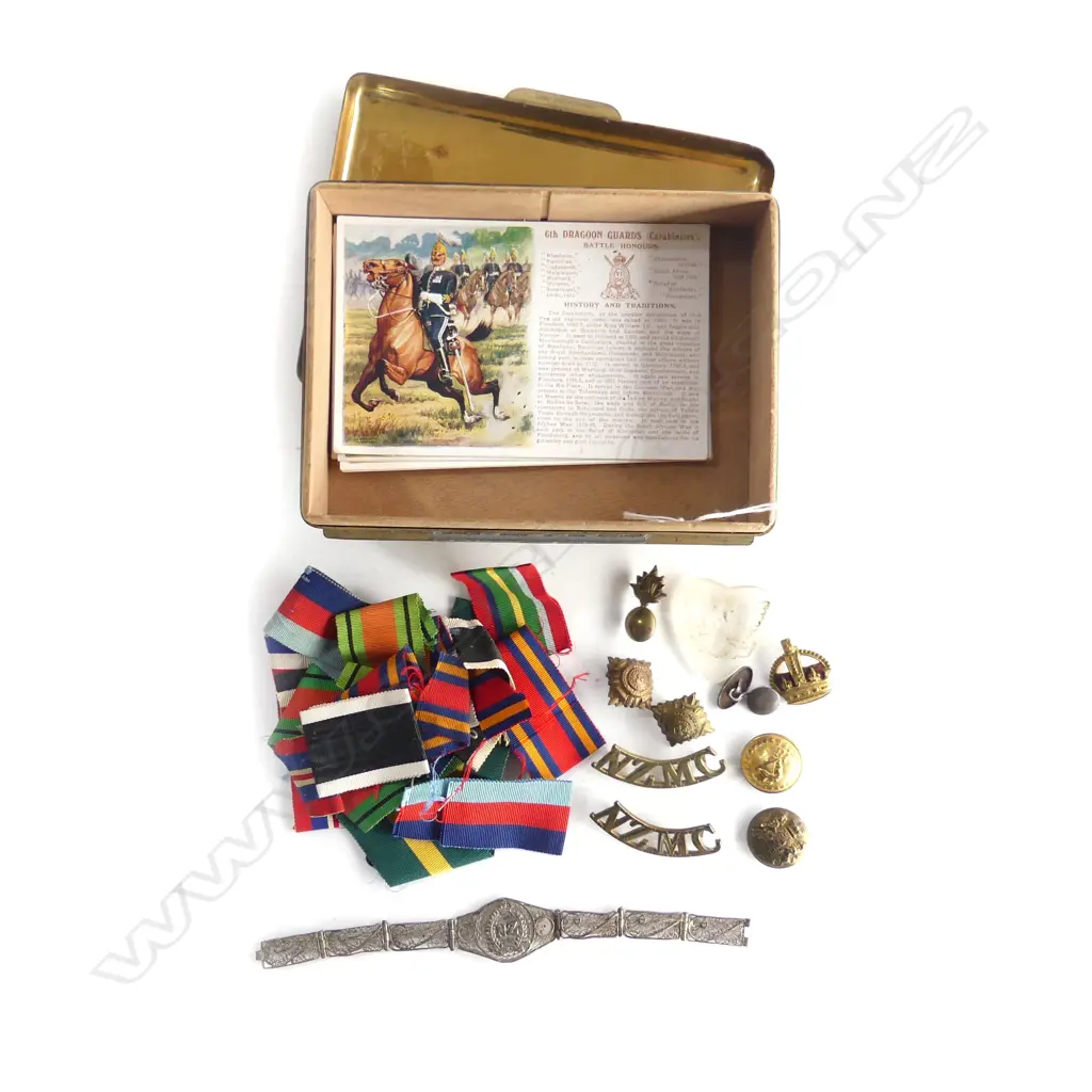 BRASS BOX OF ASST MILITARIA INCL RIBBONS BUTTONS CARDS ETC Image 1++