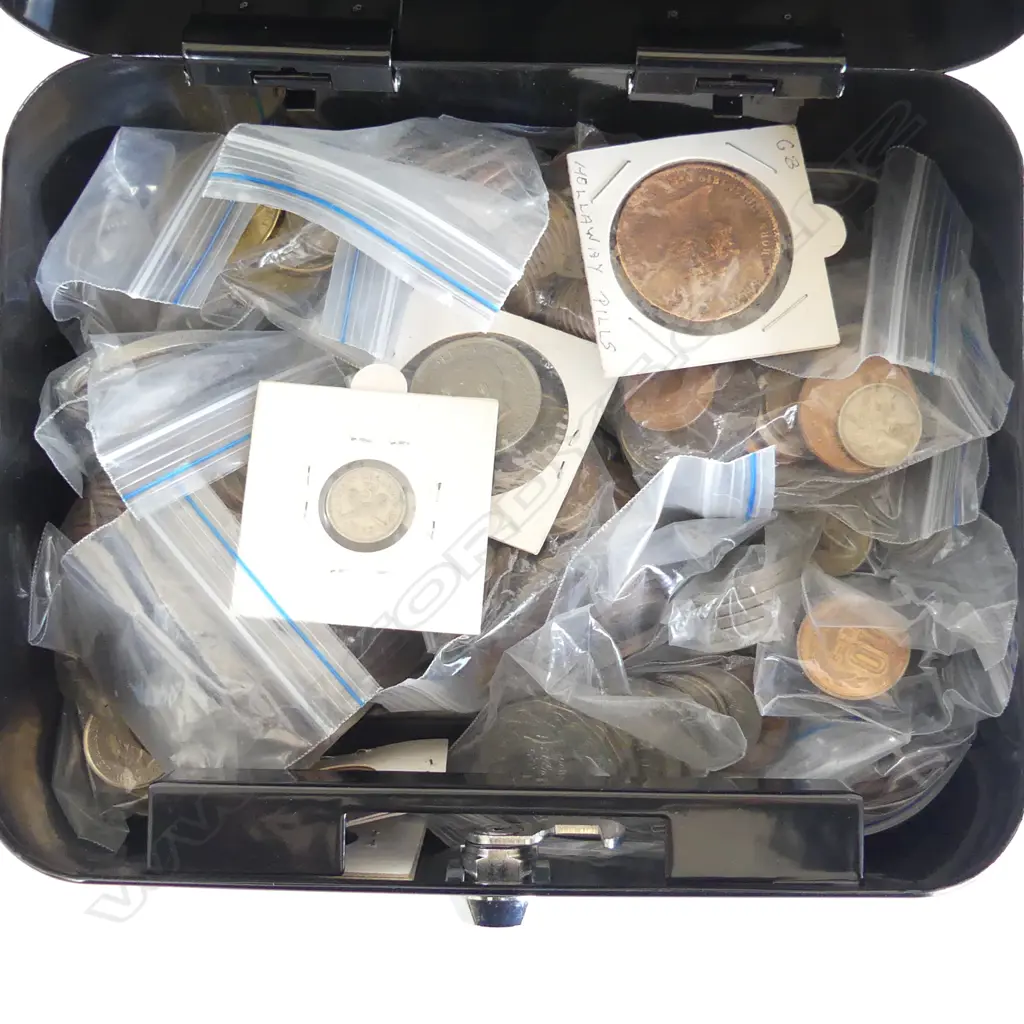 COLLECTION OF WORLD COINS IN METAL LOCK BOX Image 1++