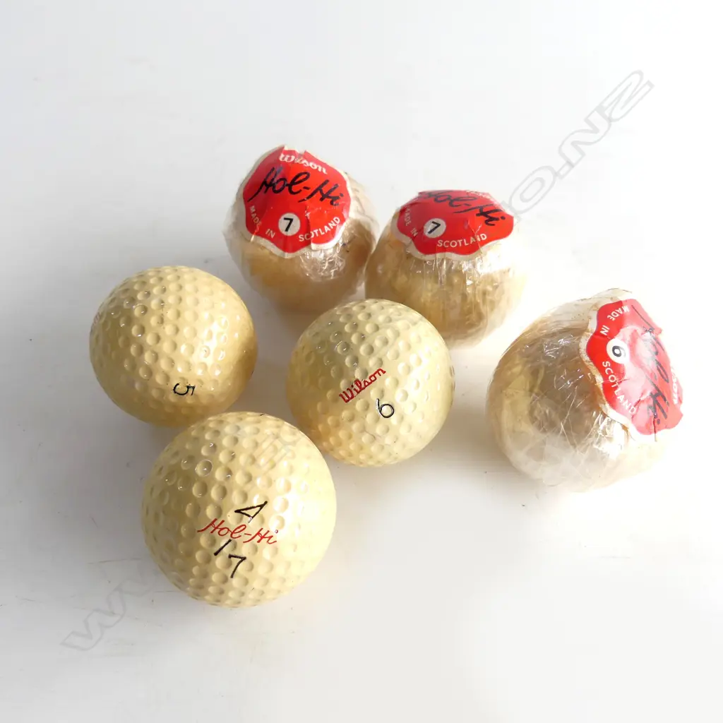 6 OLD c1930 WILSON 'HOL-HI' GOLD BALLS  3 in original labelled wrapping. Image 1++