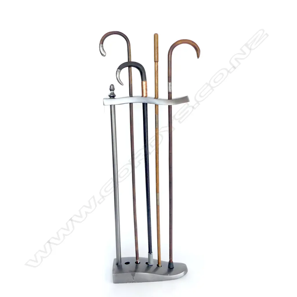 COLLECTION OF 4 ANTIQUE WALKING STICKS/ CANES IN WALKING STICK STAND, INCL SILVER & BRASS EMBELLISHMENTS Image 1++