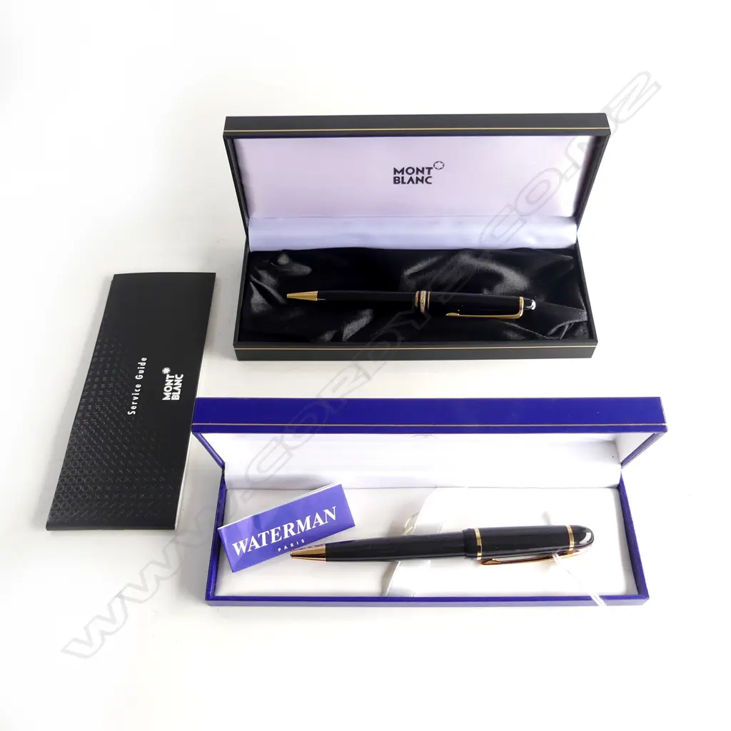 TWO BOXED BALLPOINT PENS ONE MONTBLANC WITH WARRANTY PURCHASED DUTY FREE & BOXED WATERMAN Image 1++