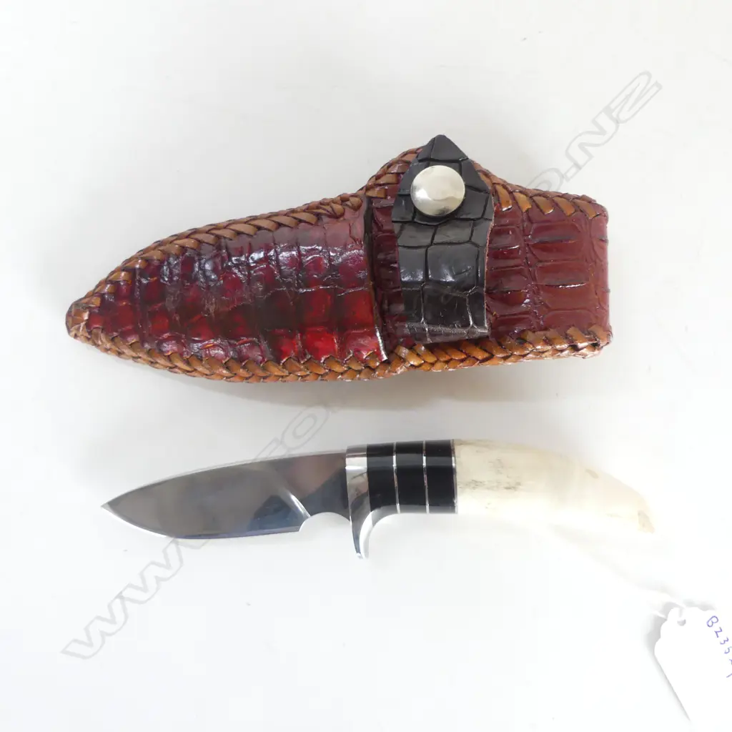 A CROCODILES TOOTH HANDLED LEATHER SHEATHED COLLECTORS KNIFE L165MM Image 1++