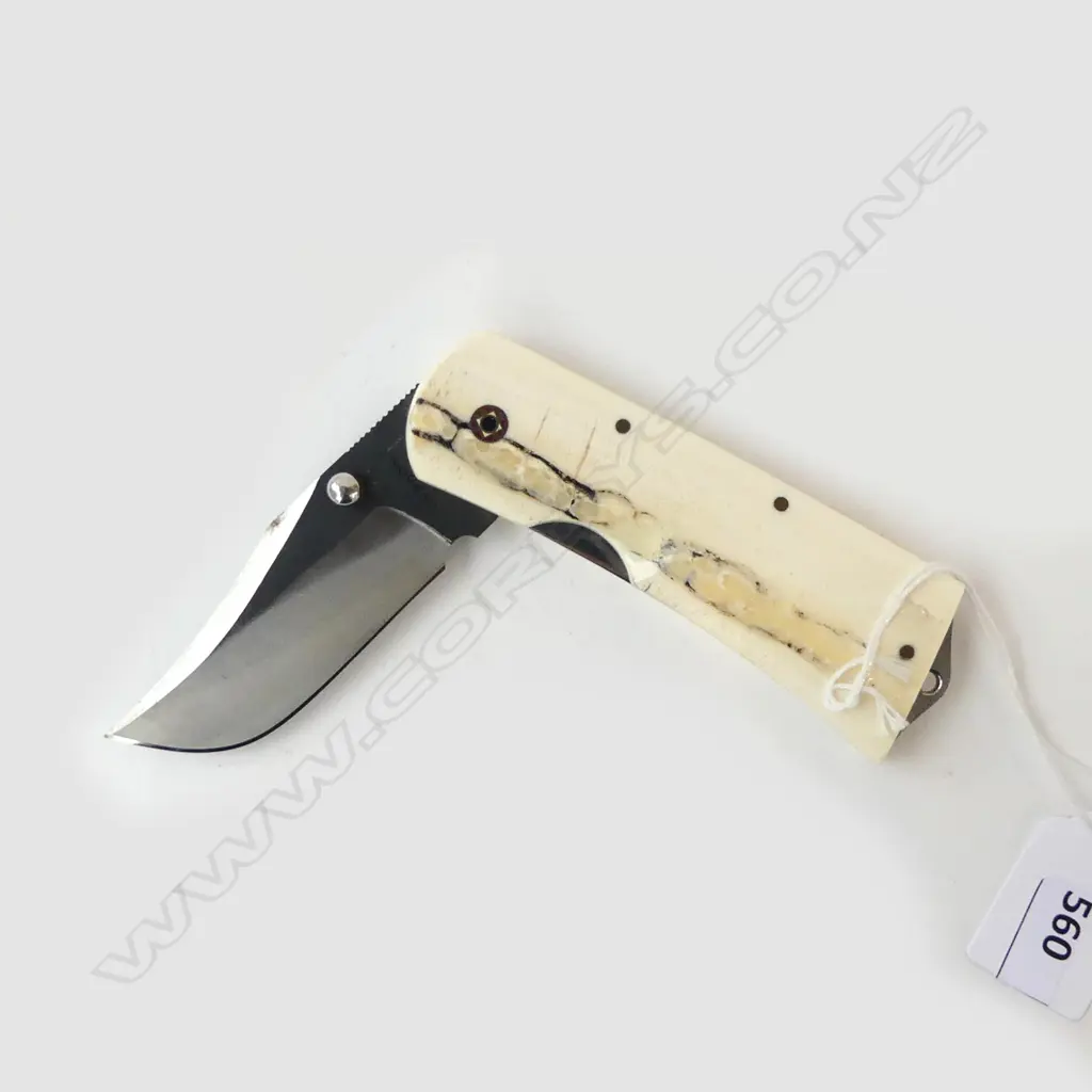 A COLLECTORS FOLDING KNIFE CARBON STEEL SIGNED IVORY HANDLE SHOWING CENTER NERVE SAKURA NAIL L100MM Image 1++
