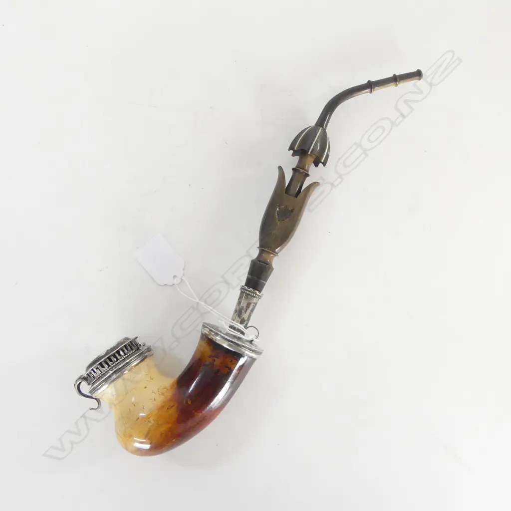 ANTIQUE LARGE MEERSCHAUM PIPE SILVER FITTINGS HORN & IVORY INLAID L320MM Image 1++