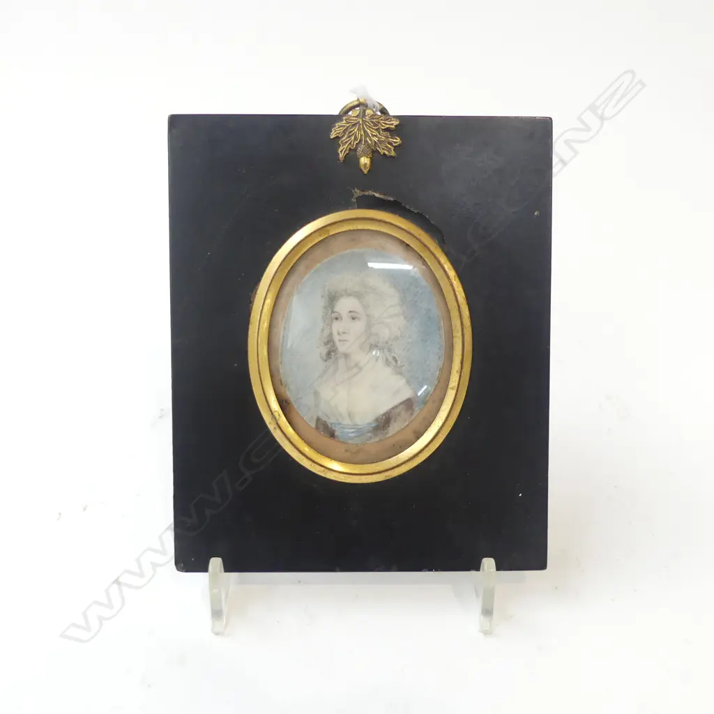 18THC PORTRAIT MINIATURE, ' LIKENESS PETER… BY … 1790' ON REVERSE, OF WOMAN, ACORN FINIAL , SOME DAMAGE. 125X100mm Image 1++