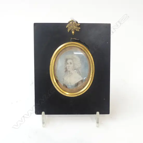 18THC PORTRAIT MINIATURE, ' LIKENESS PETER… BY … 1790' ON REVERSE, OF WOMAN, ACORN FINIAL , SOME DAMAGE. 125X100mm