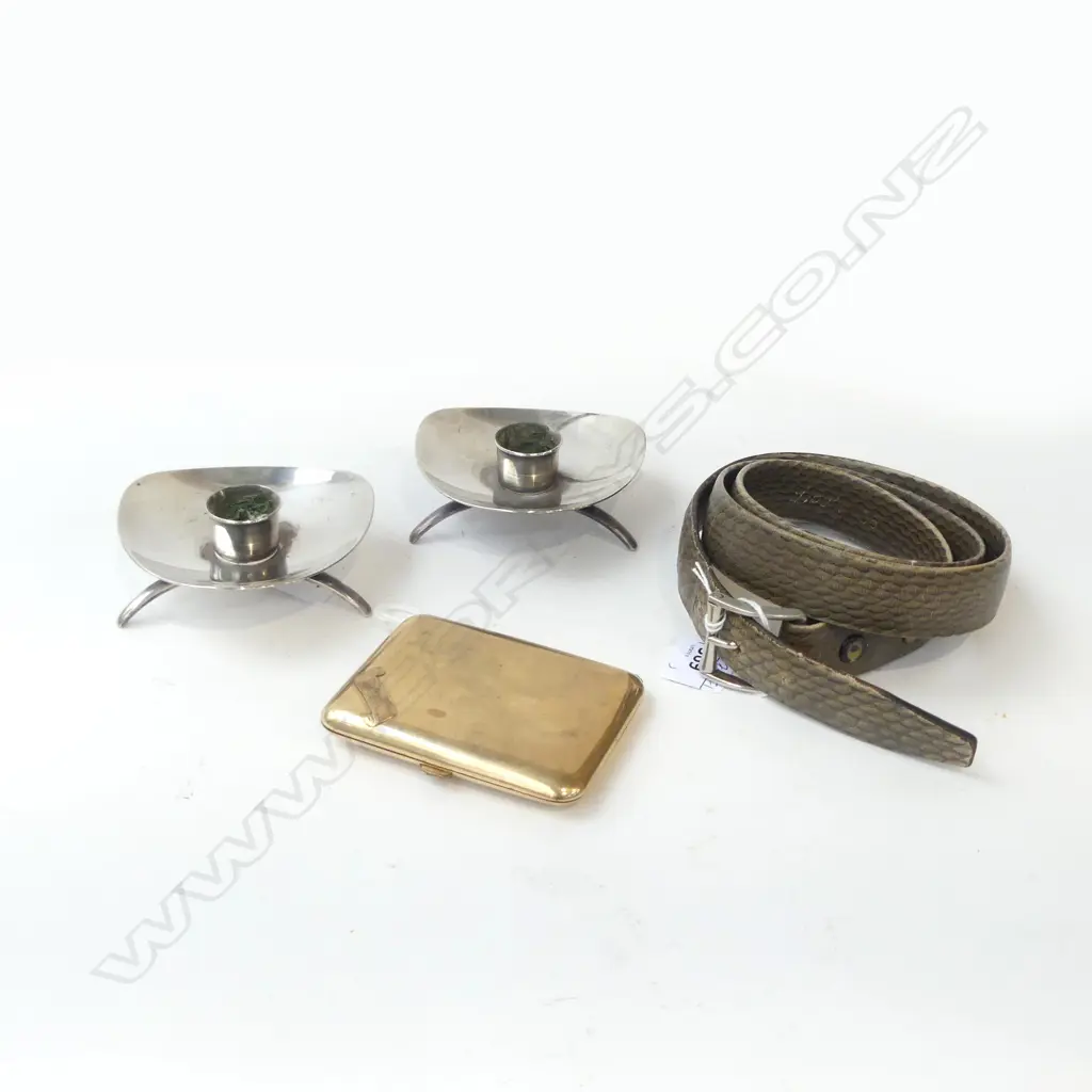 2 SMALL DANISH SILVER CANDLEHOLDERS (Dia.90mm), GOLD PLATED CIG CASE (L.85mm) & SNAKESKIN BELT (L.140mm) Image 1++