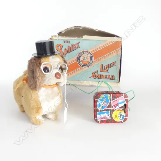 JAPANESE MECHANICAL DOG TOY WITH TOP HAT - MAY REQUIRE ATTENTION / AF IN OLD SPHINX LINEN THREAD BOX