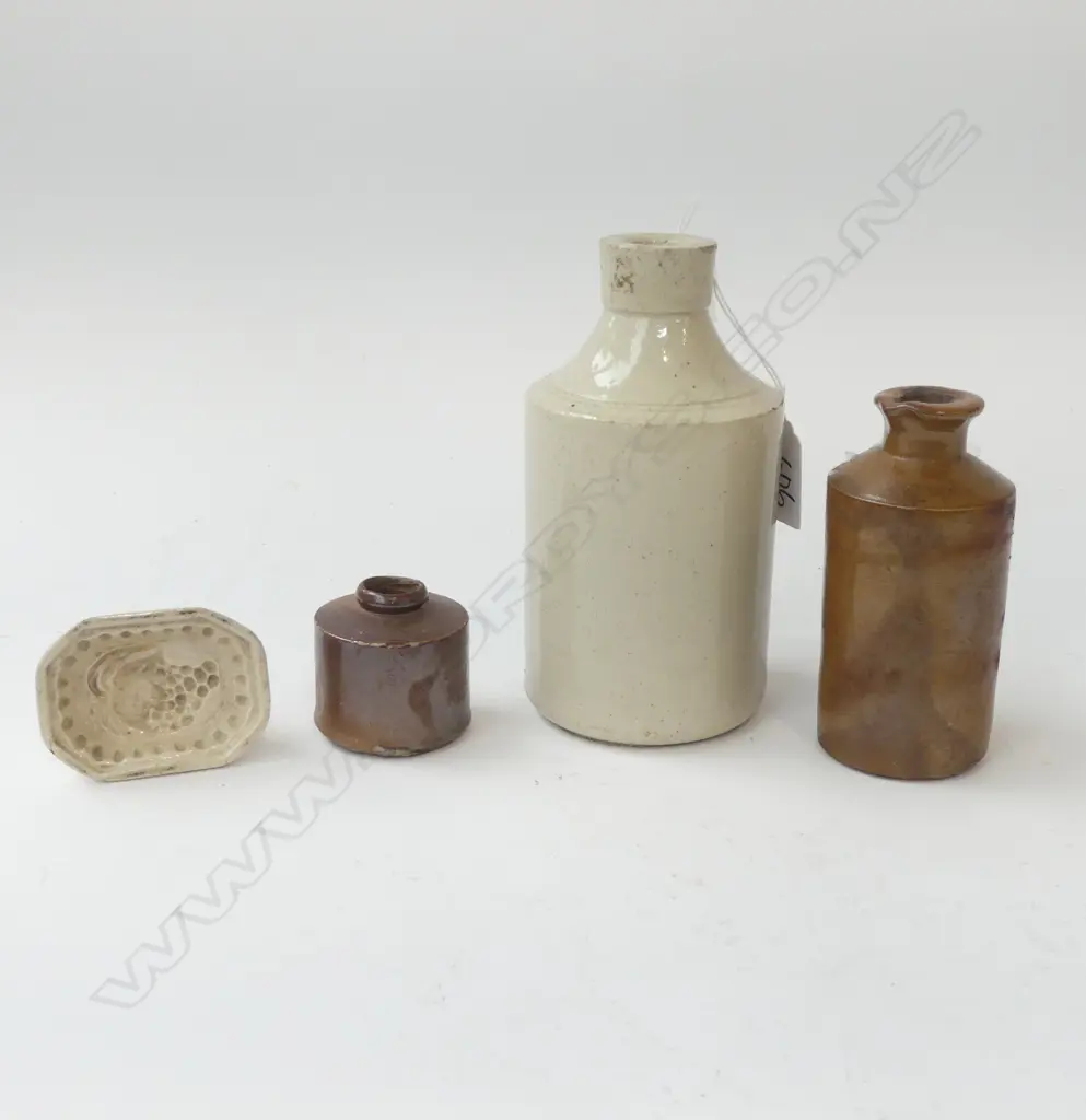 FOUR STONEWARE ITEMS, TWO INKBOTTLES, TINY JELLYMOULD OF GRAPES & WHITE TALL OPEN BOTTLE H.155mm Image 1++