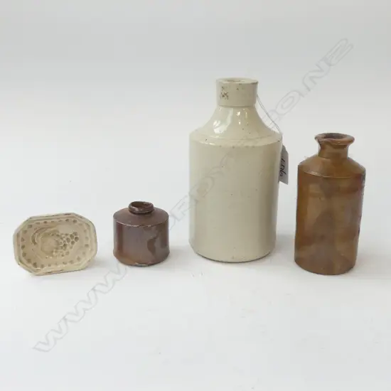 FOUR STONEWARE ITEMS, TWO INKBOTTLES, TINY JELLYMOULD OF GRAPES & WHITE TALL OPEN BOTTLE H.155mm