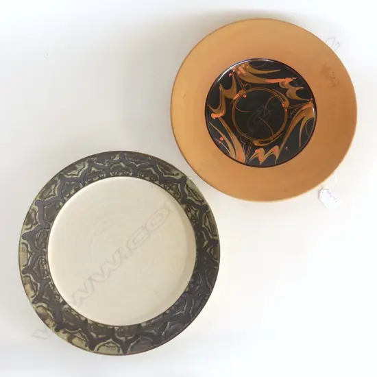 2 STUDIO POTTERY PLATES; PETER COLLIS 310mm dia, SALLY VINSON 325mm dia