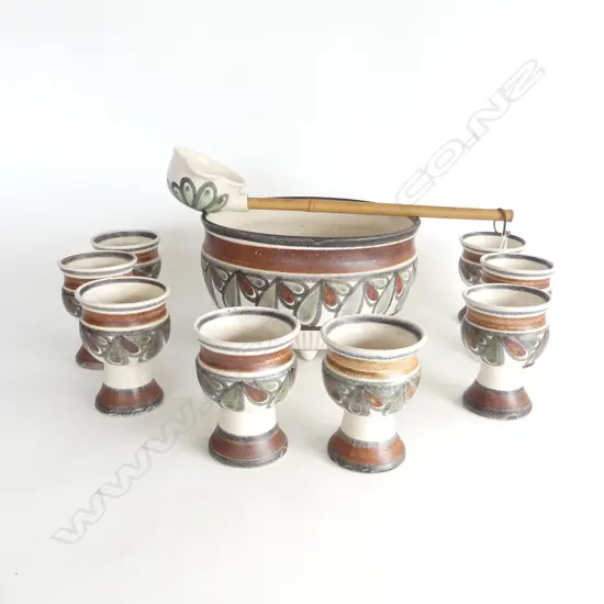 ANNEKE BORREN STUDIO POTTERY PUNCH SET BOWL DIA250MM  LADEL L390MM & 8 GOBLETS H110