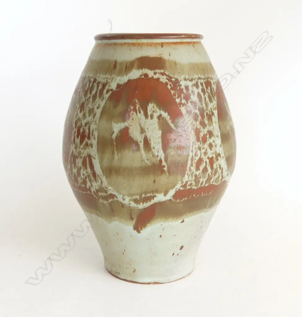 PETER STICHBURY VASE, WAX RESIST DECORATION, DUCK EGG SPOTTED GREY UNDERGLAZE, IMPRESSED MARK -  H.245mm Image 1++