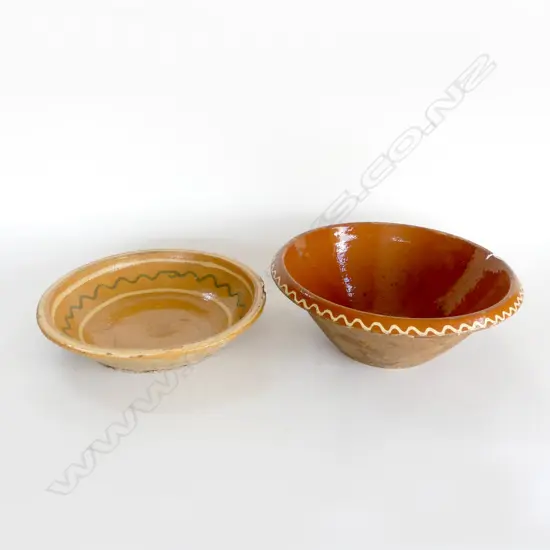 2 VINTAGE FRENCH DOUGH BOWLS HAND PAINTED & GLAZED CERAMIC DIA360&340MM